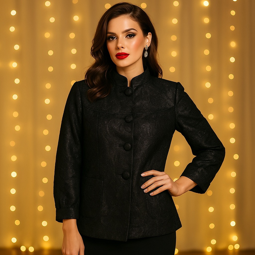 🥈 309. George Black Jacquard Button Front Jacket Textured Shimmer Size 16
